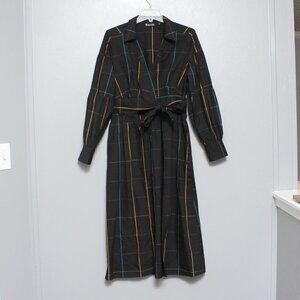 New York and company 7th Avenue poplin maxi shirt black plaid wrap tunic
